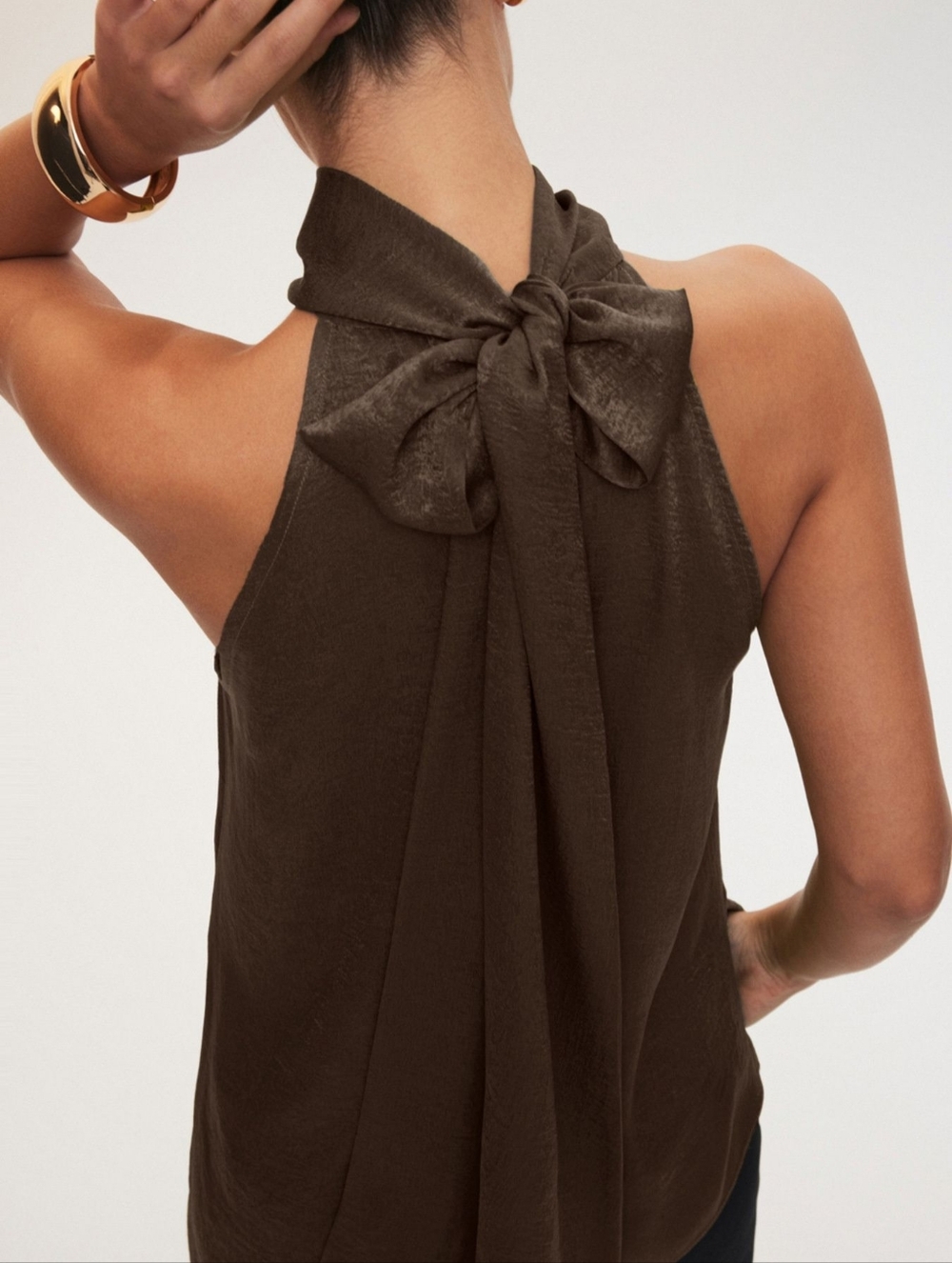 High-Neck Tie Halter Top - Chocolate Brown - Picture 2 of 12